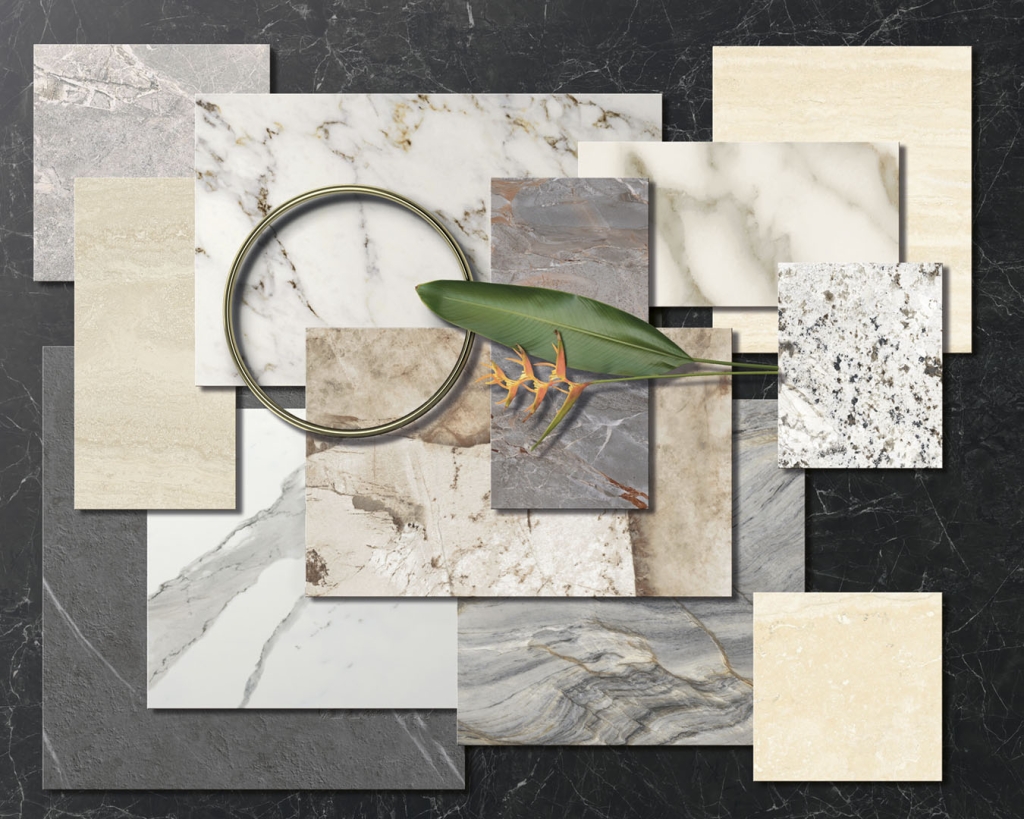 Moodboard collezione Marmi Pregiati nei colori statuario, calacatta, venato reale, pietra grey, nero ellenico, nero marquinia, onice e travertino